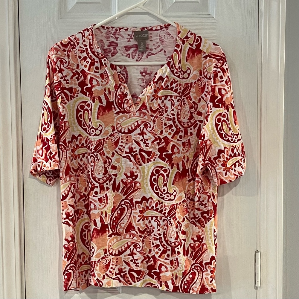 Chico's Vibrant Red and Cream Paisley V Neck Cotton Blouse. Size XL 3